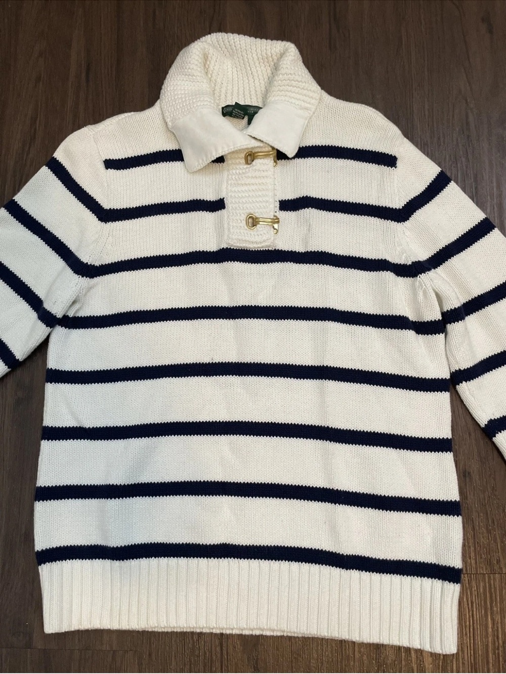 Ralph Lauren White & Navy Striped Polo-Collar Sweater - Picture 2 of 15